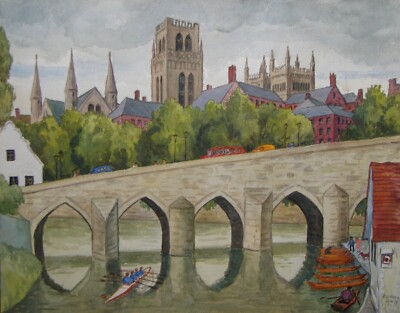 Durham - Stadtansicht mit Fluss Wear und Durham Cathedral - Aquarell - 1978