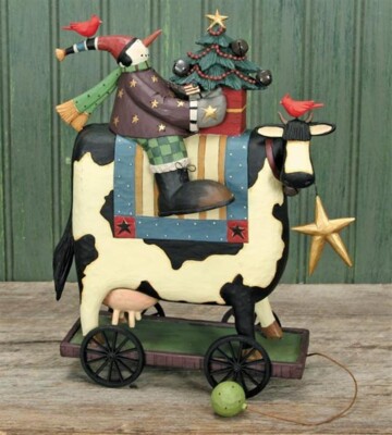 Williraye Studio WW2941 SNOWMAN ON COW Resin Pull Toy Figurine, Retired