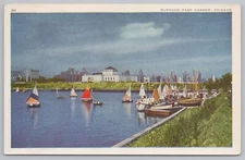 Sailboats In Bay~Burnham Park Harbor~Chicago IL~Rainbow Fleet In Bkgd~Vintage PC
