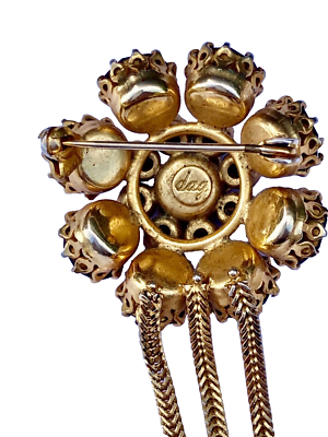 Broche Ancienne Signée DAG - Métal Plaqué Or Et Strass Multicolores - Style Art Déco - Occasion