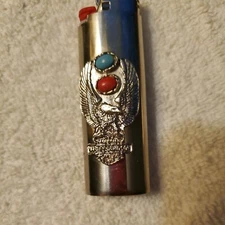 Vtg Harley Davidson Lighter Case Eagle Biker Blue/Red Cover Holder w/ NEW Bic  