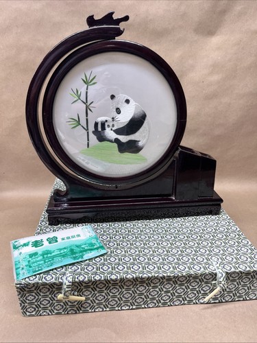 Handmade Chinese Double-Sided Silk Embroidery Panda Art Wood Stand w/Gift Box