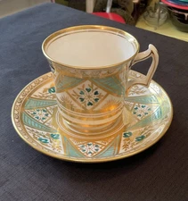 Vintage ROYAL CHELSEA #740 (A) Tea Cup & Saucer Art Deco Teal White Gilded