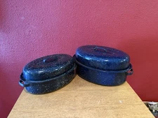 Vintage Enamelware Roaster Pans  Graniteware w/Lid Blue/White Speckled Oval (2)