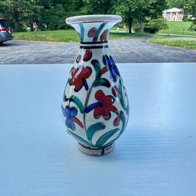 Icaros Rhodes Greece Hand Painted Ceramic Floral Vase Vintage Iznik Style 4''