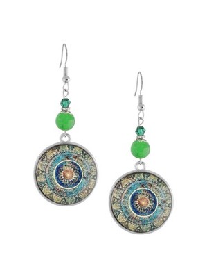 Hippie Mandala Pattern Drop Earrings with Green Beads, Boho Vintage Style Dan...