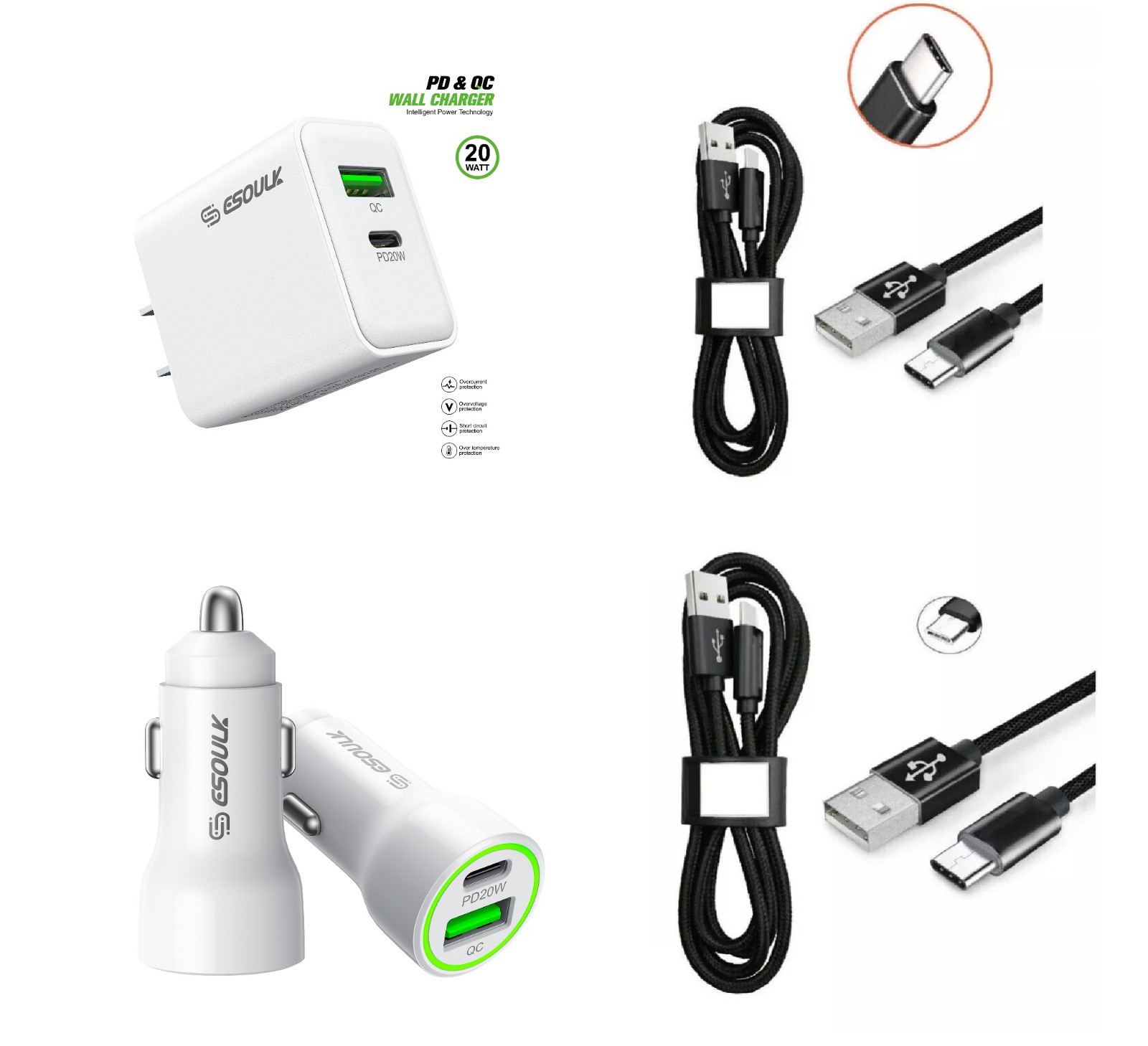 For ZTE nubia Red Magic 9s Pro PD Car &plus; 20W Wall Charger &plus; 2x USB A to Type C