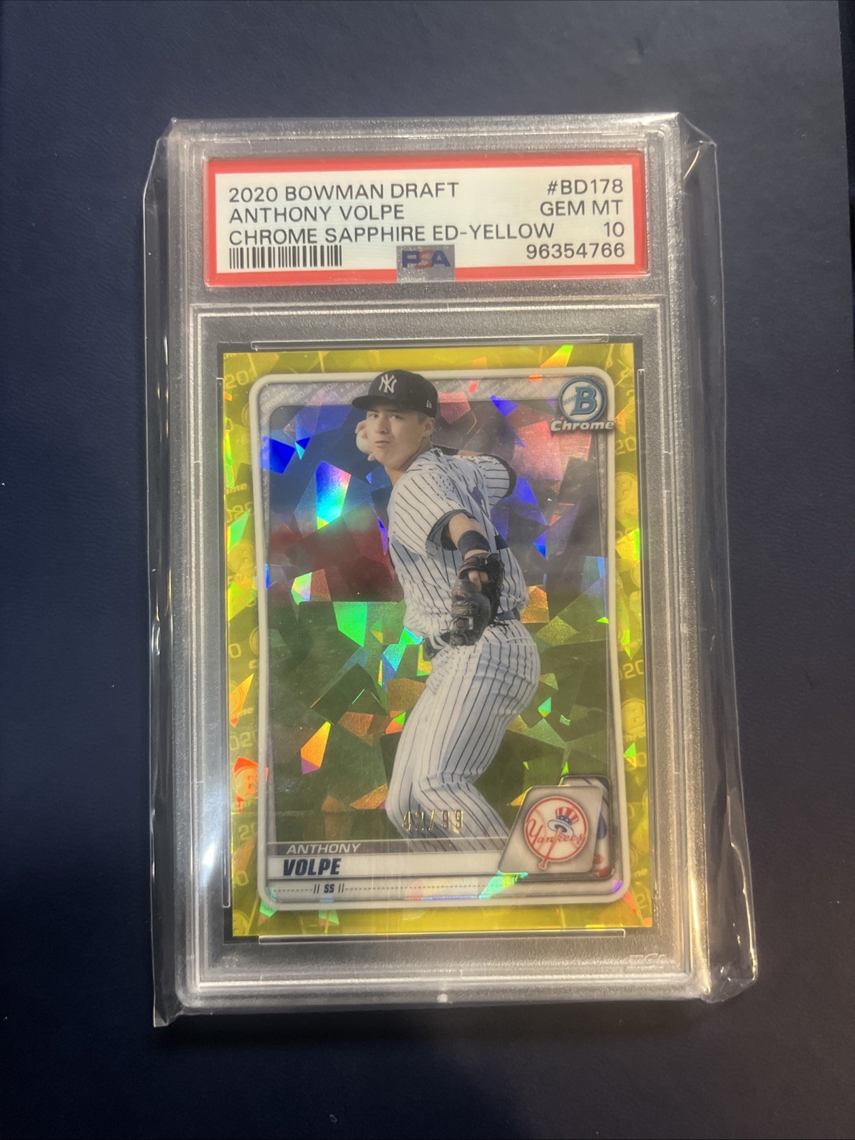 Anthony Volpe 42/99 2020 Bowman Draft Chrome Sapphire Edition Yellow PSA 10