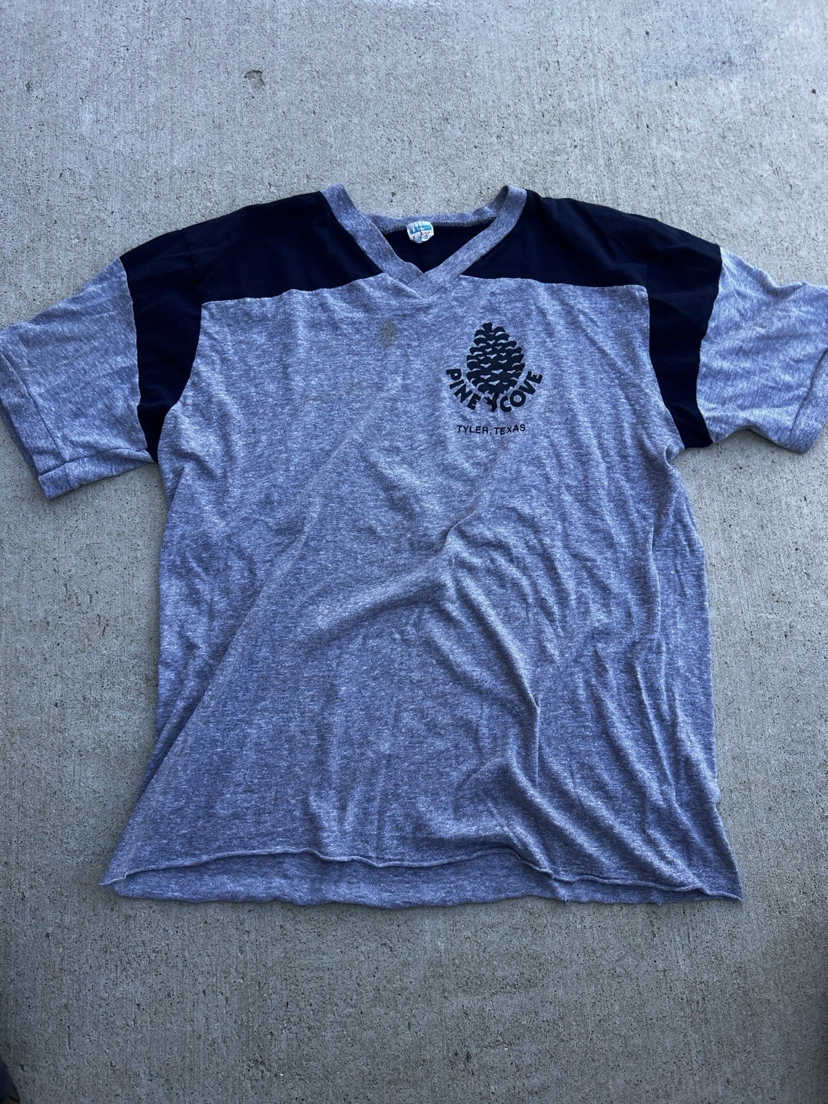 True Vintage 80’s Champion Pine Cove Tyler Texas Grey And Navy Tee Size XL