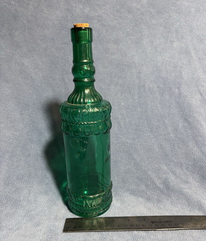 Green Textured Glass Decorative Bottle w/ Cork Stopper 11.5 in H x 2.6 in W