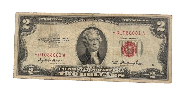 1953 $2 Dollar United States Ungraded Red Seal Star Note Unique Low Serial