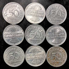 OLD German Empire Coin Lot - 50 PFENNIG - 1920-1922 - 9 COINS - Lot #B13