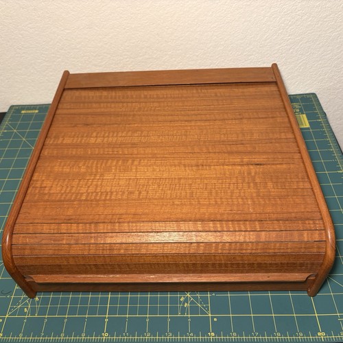Vintage MCM Teak Roll Top Desk Organizer Storage 30 Cassette Tapes Capacity NICE