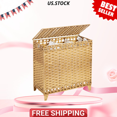 Laundry Hamper 3 Removable Liners 132L Rattan Basket Lid Feet 3 Section Sorter