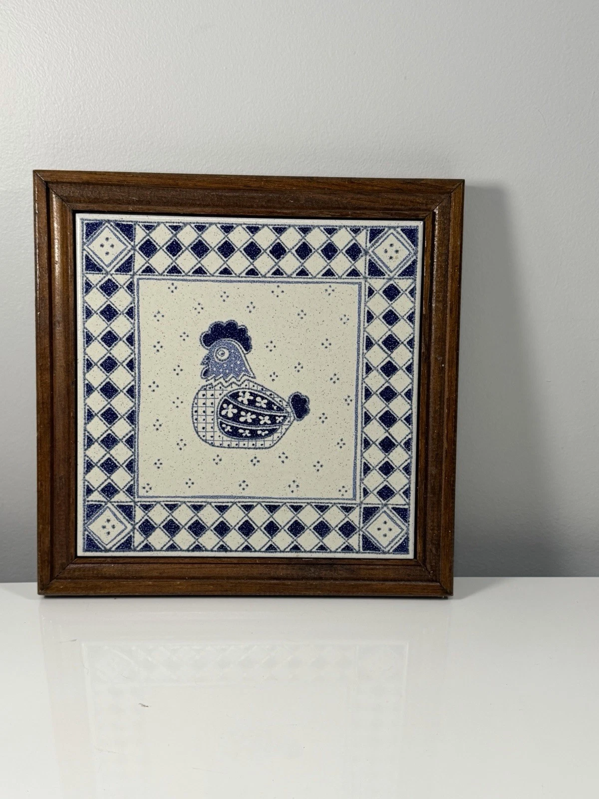 Vintage Piemme Blue & White Chicken Tile Trivet Wood Framed Farmhouse Wall Art - product detail image 1