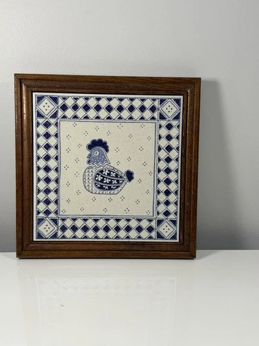 Vintage Piemme Blue & White Chicken Tile Trivet Wood Framed Farmhouse Wall Art video thumbnail