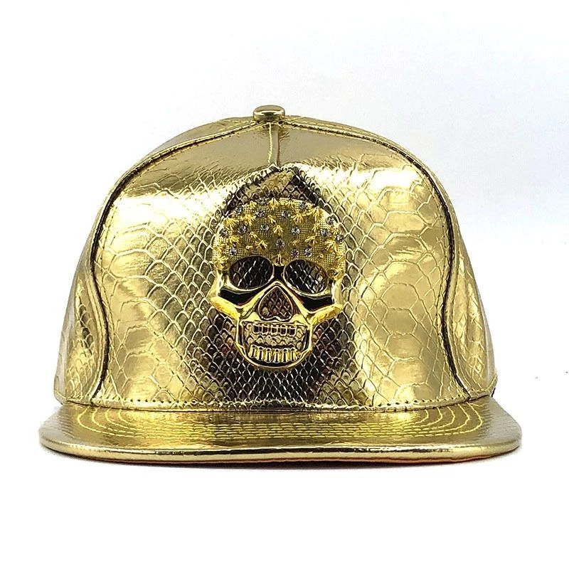 Gorra de béisbol de cuero PU con calavera de ala plana sombrero de hip hop para hombres gorra estilo baile callejero Foto 3 de 4