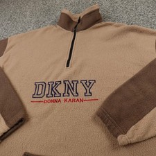 VTG DKNY Sweater Mens One Size Brown Fleece Pullover 1/2 Zip Donna Karan USA 90s