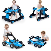 4-in-1 Baby Walker Foldable Push Along Walkers with Adjustable Height Blue
