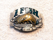 VINTAGE BELT BUCKLE "I FISH THEREFORE I AM" SISKIYOU FINE PEWTER SILVER TON BB14