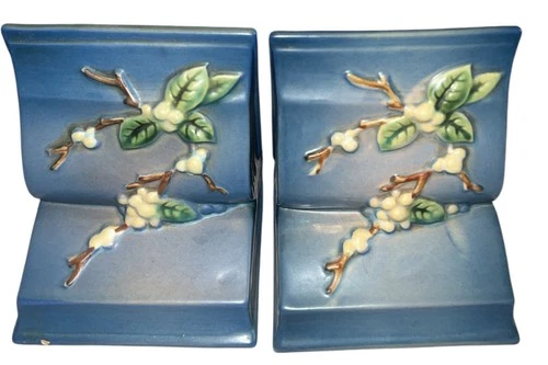 Pair Of Vintage Roseville Pottery Blue Snowberry Book Ends USA 1BE