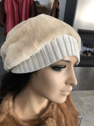 Ivory Sheared Mink FUR HAT BONNET BERET One Sz. Knitting Strip - Picture 3 of 8