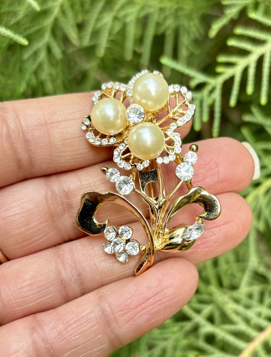 アクセサリー NANO gold plated pearl brooch SILVER 950 Yellow Gold Plated Pearl CZ Safety Pin, Brooch, Saree Pin Hijab