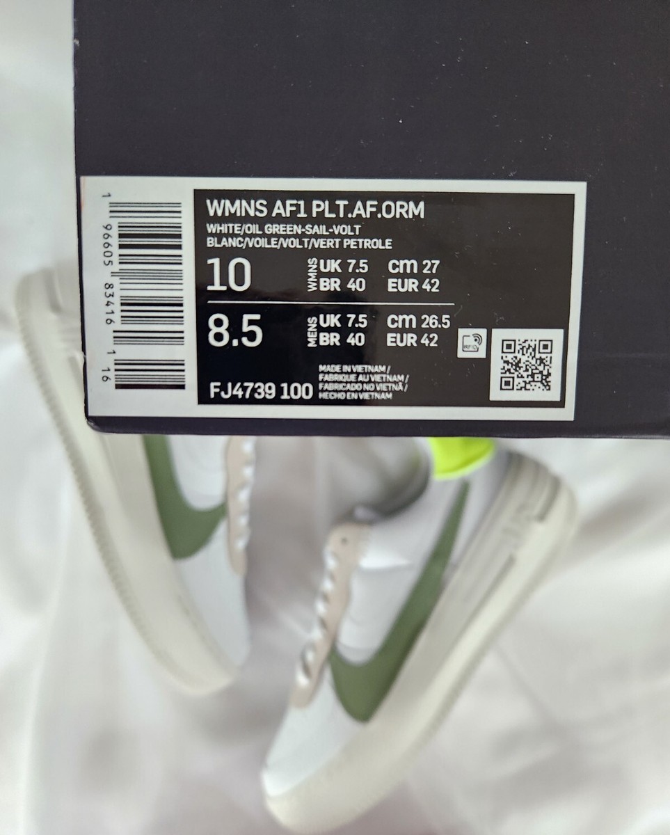 SIZE 10 WOMEN'S NIKE AF1 PLT.AF.ORM PLATFORM WHITE SAIL OIL GREEN