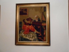 Gobelin Bild Handarbeit mit Rahmen 59 cm mal 49 cm Gro&szlig; Klavierspielerin