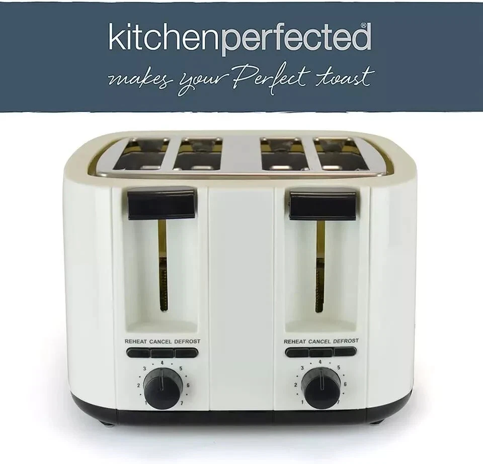 Cream 4 Slice Toaster Extra Wide Slots Variable Browning Defrost Reheat 1500W - Image 3 of 4
