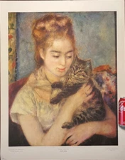 Vintage 28x22 Large Lithograph Auguste Renoir Woman with a Cat USA MCM Art Print