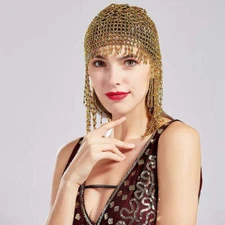 Great Gatsby 1920's Flapper Cleopatra Beaded Headdress Cap Fancy Dress - Gold...