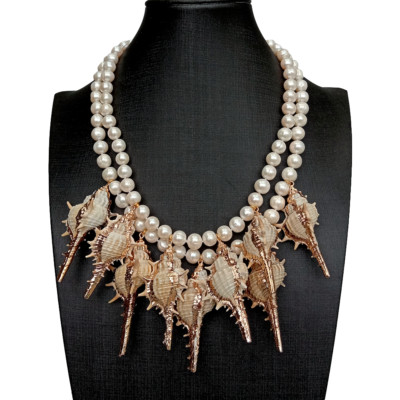 2 Strands Freshwater Cultured White Pearl Sea Shell Statement Necklace 18''