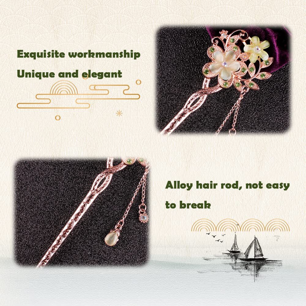 5 Colors Chinese Flower Hair Sticks Retro Glitter Rhinestone Hairpin Tassel