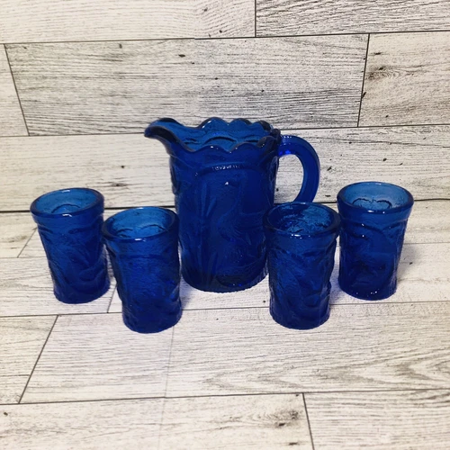 Vintage Childs Miniature Peacock Pressed Glass Pitcher & Glasses 5pcs