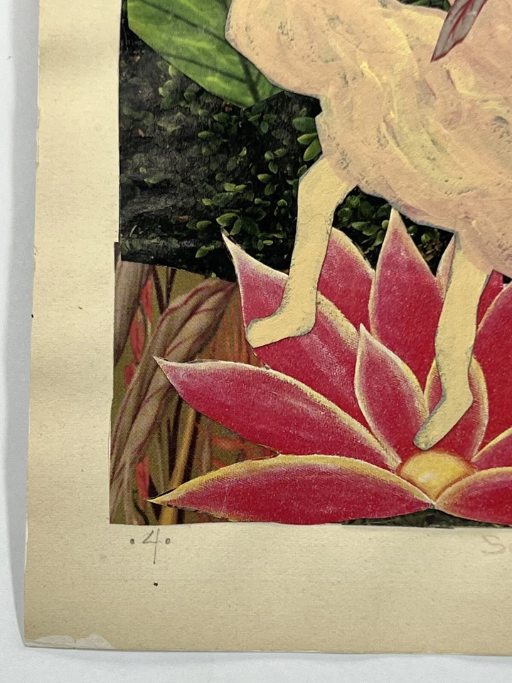 Sandra Pape Art Collage 10x8” Vestido Rosa Hada Bailando Sobre Flores Jardín Plantas Foto 4 de 4