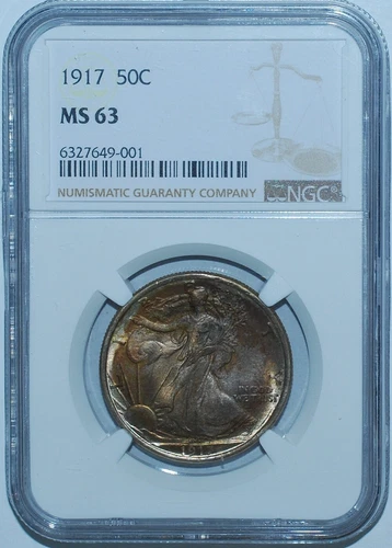 1917 P NGC MS63 Walking Liberty Half Dollar End Roll Toned
