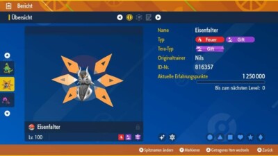 Shiny Paradox Eisenfalter Pokemon Karmesin/Purpur LVL 100 6DV + Item Nach Wahl 