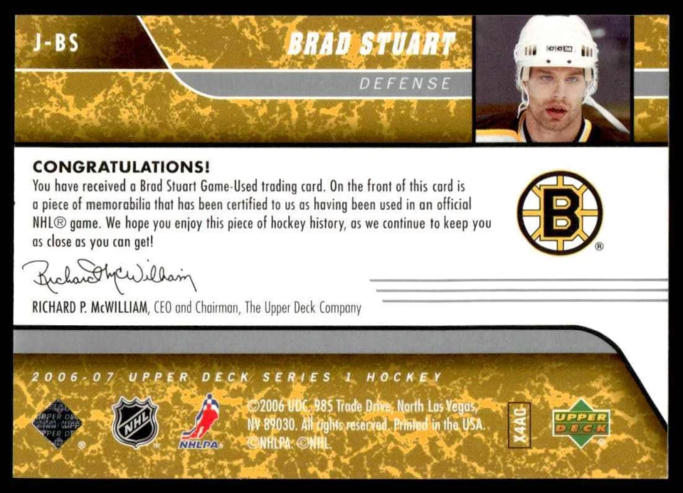 2006-07 Upper Deck Game Jerseys Brad Stuart Boston Bruins #J-BS R94 - Image 2 of 2