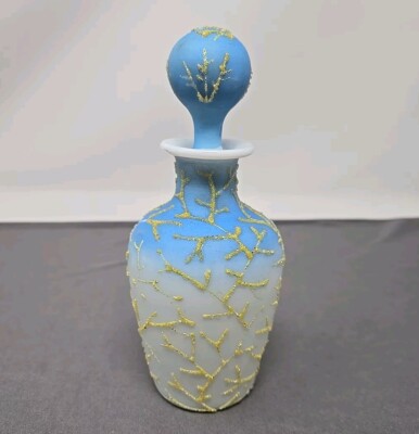 Antique Blue White Coralene Glass Perfume Bottle 6 3/4'' Late 1800s