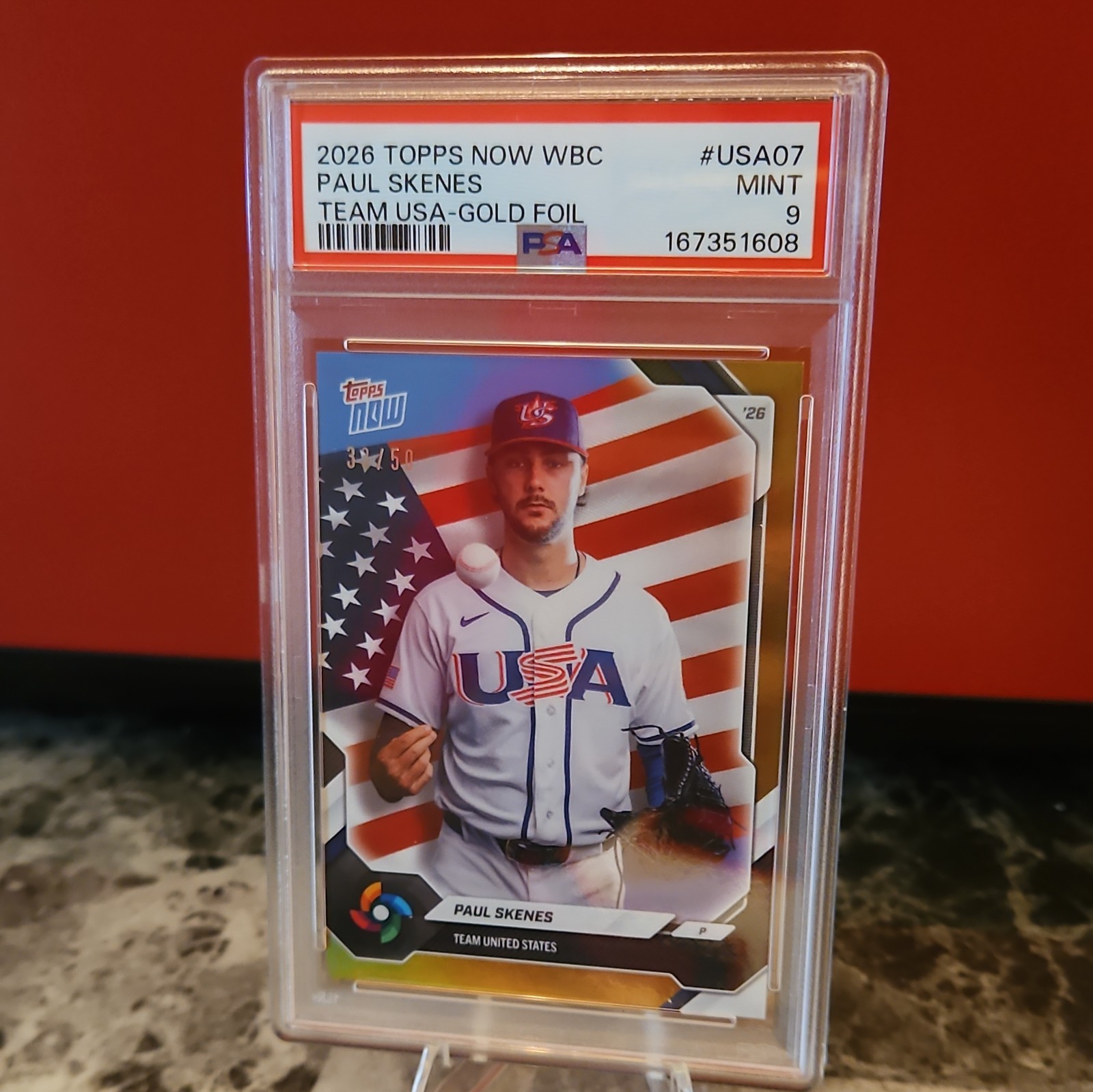 Topps 2026 Now WBC Paul Skenes Team USA Gold Foil /50 #USA07 PSA 9 view 2