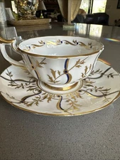 Royal Chelsea English Bone China Teacup and Saucer 189A Gold Leaves with Blue