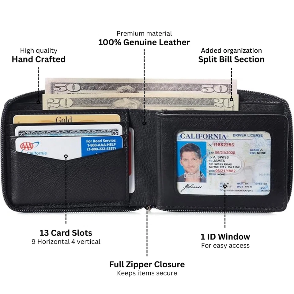 Cartera plegable con cremallera Logan | Cierre de cremallera integral | 13 ranuras para tarjetas 2 billetes Se... Foto 3 de 4