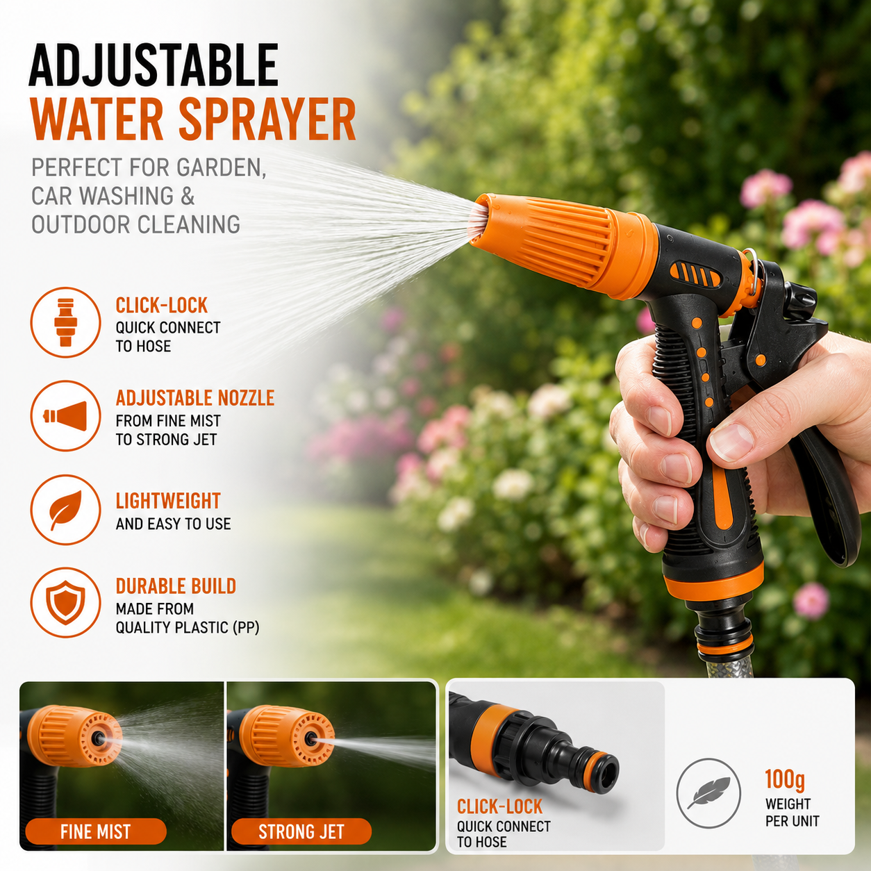 Garden Hose Gun Water Sprayer Adjustable Nozzle Black Orange for Plants Cleaning