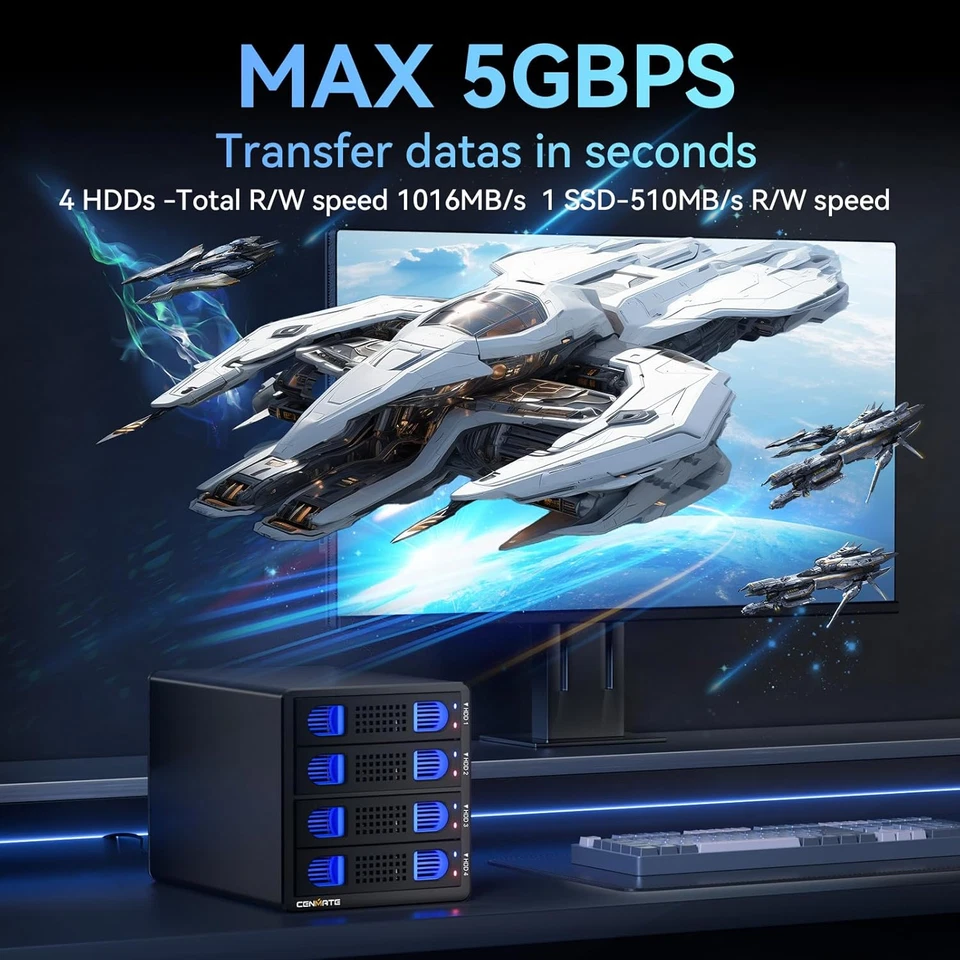 4 Bay Hard Drive Enclosure with Cooling Fan for 2.5/3.5" SATA HDD/SSD with USB A - Image 3 of 4