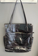 Hobo The Original Glazed Black Leather Tote Bag Multi Pocket Large Purse