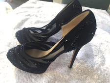 Jimmy Choo Navy Blue Crystal Embellished Suede and Mesh Kershaw Platform Pumps