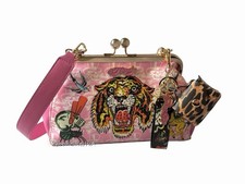Ed Hardy Pink Embossed Tiger Tattoo Rhinestones Shoulder Bag Clutch NWT