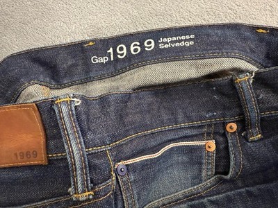 Gap 1969 Japanese Selvedge Blue Jeans 36x30 Slim Button Fly Distressed Ringspun