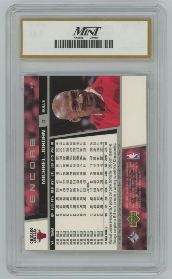 Michael Jordan 1998-99 Upper Deck Encore Mint Grading 10 #105 Chicago Bulls - Image 2 of 2